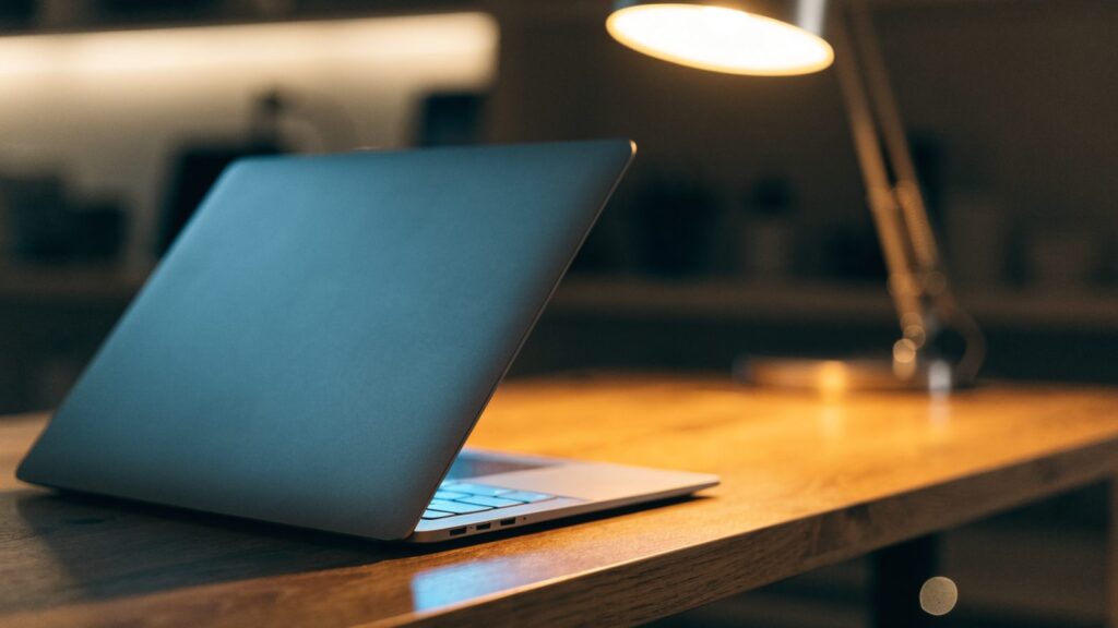 A half-closed matte grey laptop on a wooden desk
