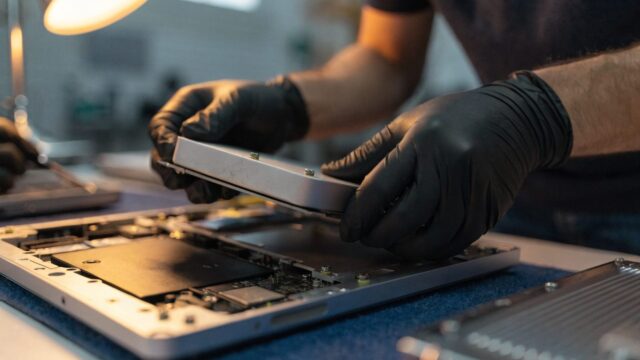 A technician lifting the bottom cover off a silver laptop on an anti-static mat