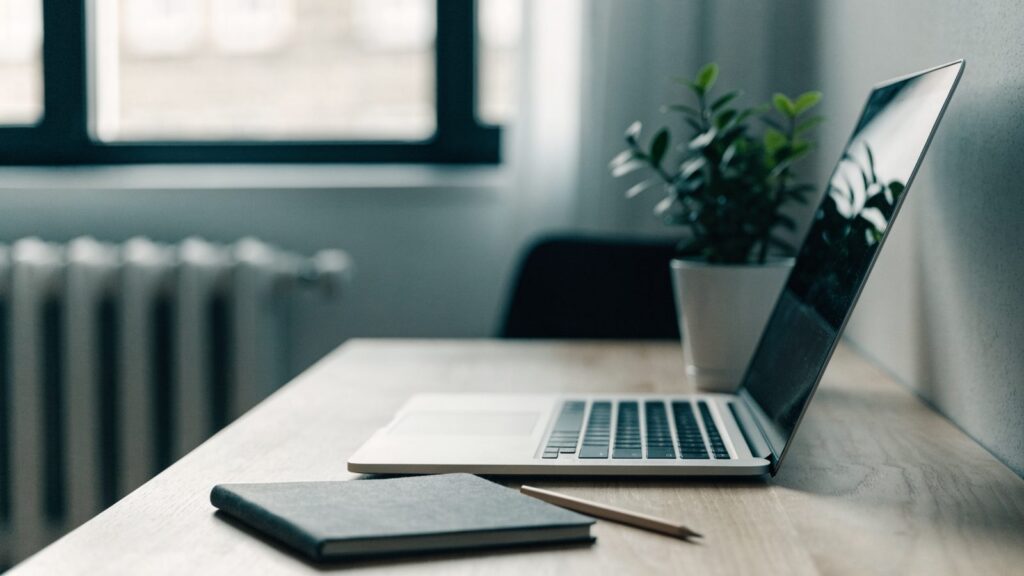 A tidy home office desk with a silver laptop