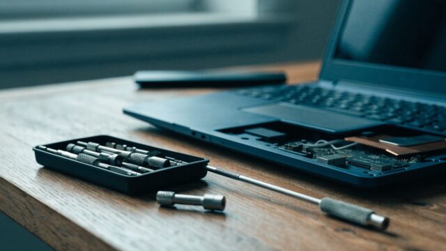 A precision screwdriver kit laid out beside a partially opened dark blue laptop on a wooden desk
