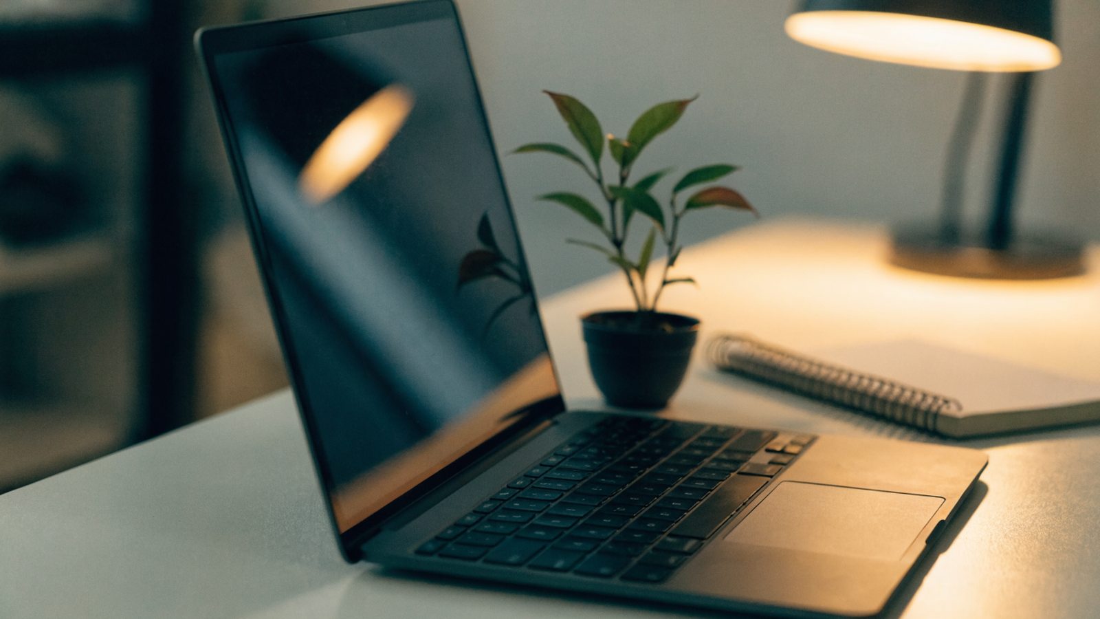 A graphite black laptop open on a white desk with a small plant and notebook beside it