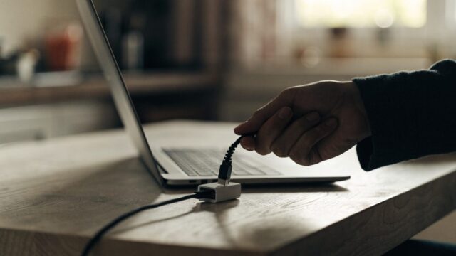 An ethernet cable being plugged into a USB-C adapter connected to a silver laptop on a kitchen table