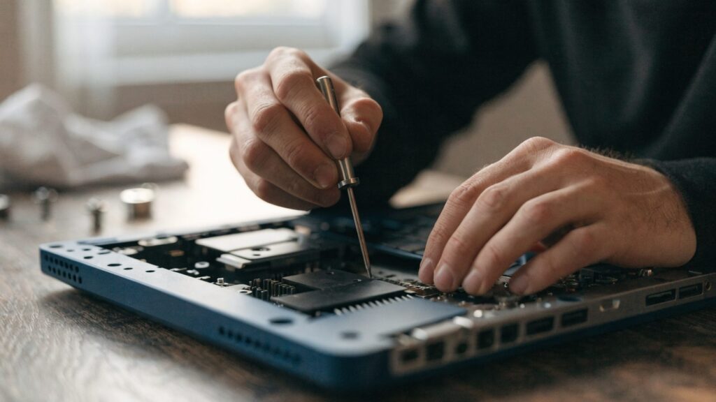 A technician's hands holding a small screwdriver over an opened dark blue laptop with internal components visi