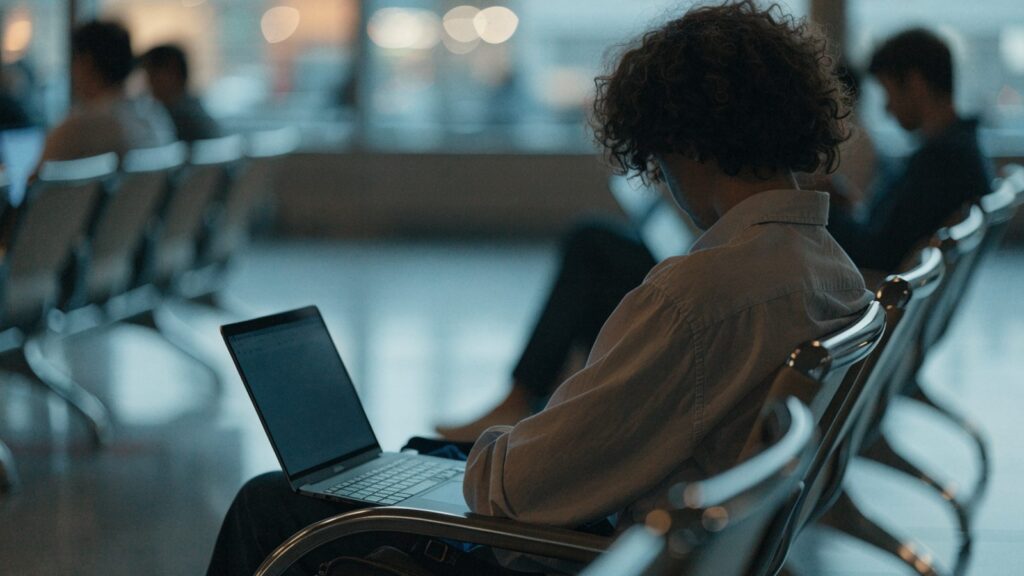 A traveler seen from behind using a dark blue laptop in an airport waiting area