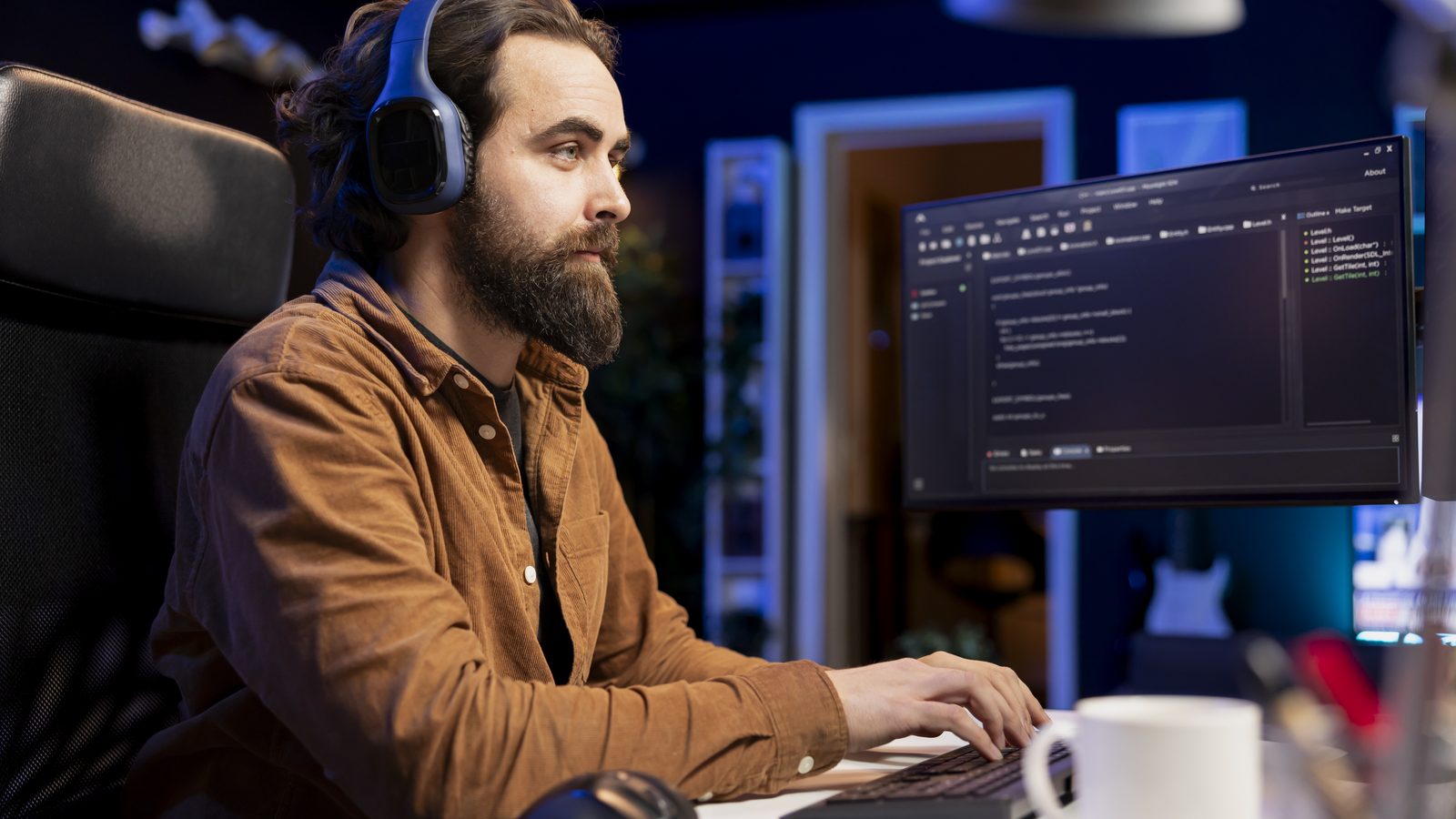 Cybersecurity expert enjoying audiobooks using PC to patch security exposures