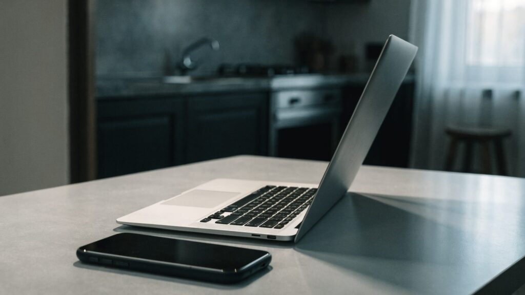 A smartphone lying beside a silver laptop on a kitchen table