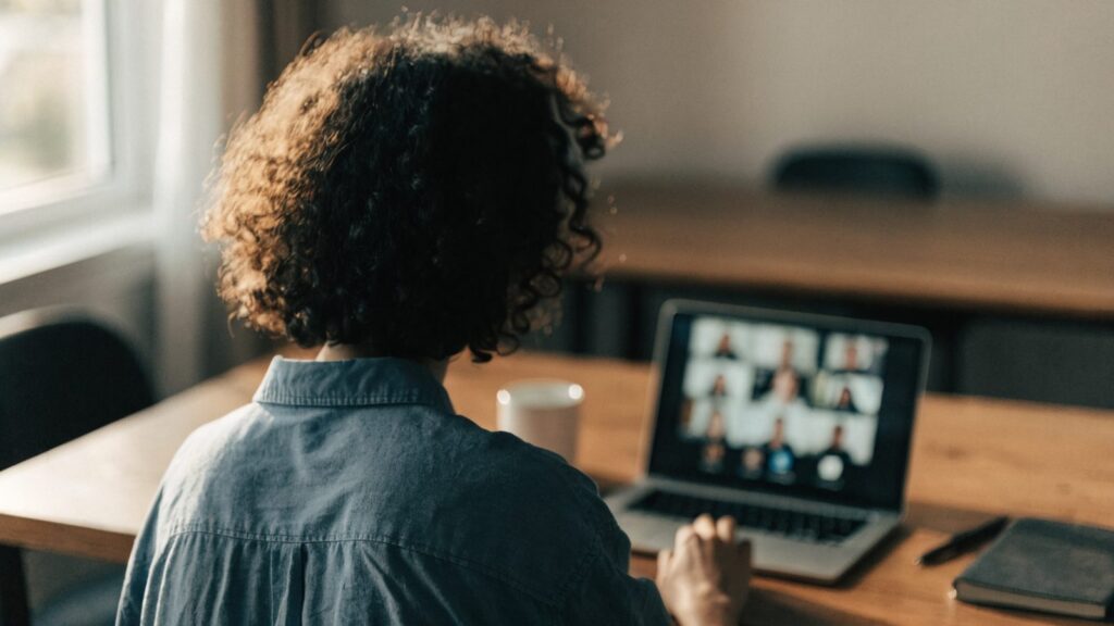 A person seen from behind on a video call on a silver laptop on an office desk
