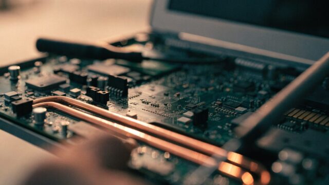 Close-up of a laptop motherboard with copper heat pipes during a repair