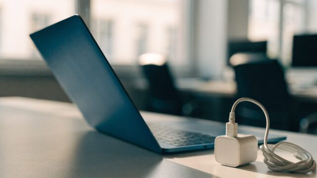 A dark blue laptop on an office desk next to a compact white power adapter with its cable neatly coiled