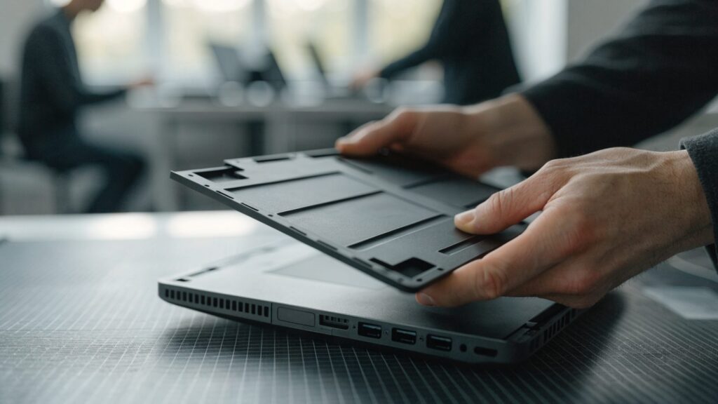 A technician lifting the bottom cover off a graphite black laptop on an anti-static mat