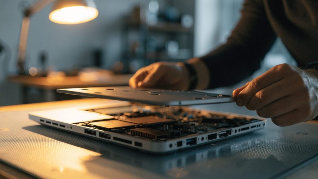 A technician lifting the bottom cover off a silver laptop on an anti-static mat