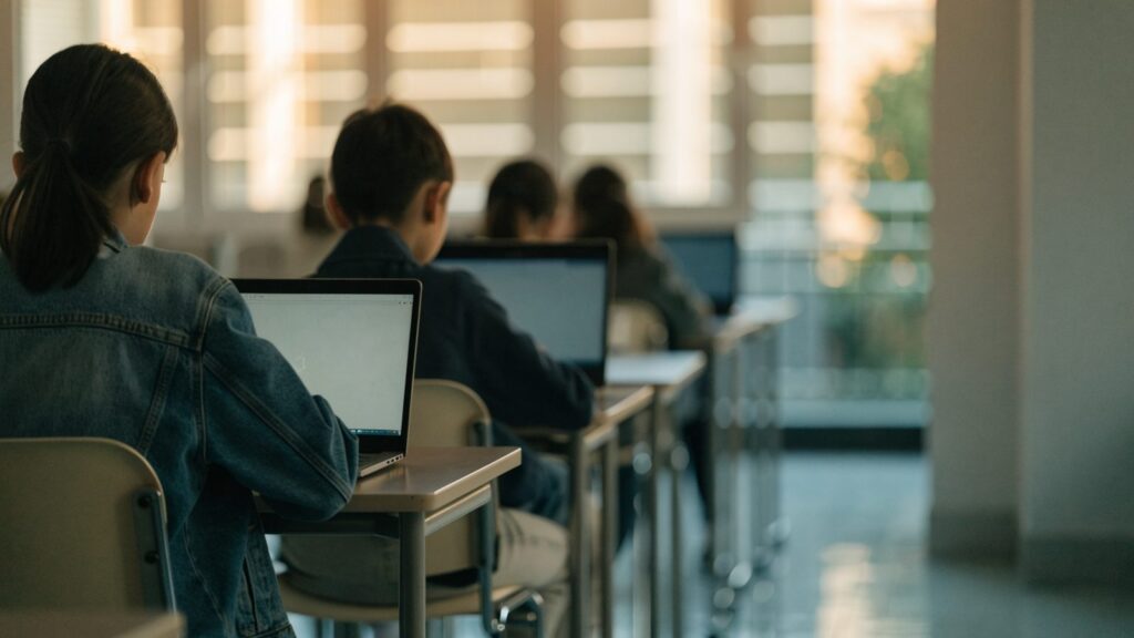 Students seen from behind working on laptops in a bright classroom