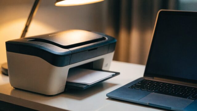 A compact home inkjet printer beside a dark blue laptop on a white desk
