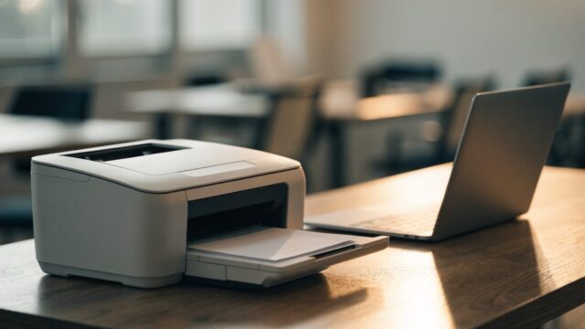 A compact home inkjet printer beside a matte grey laptop on an office desk