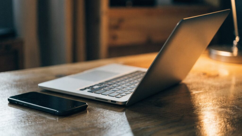 A smartphone lying beside a silver laptop on a wooden desk