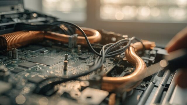 Close-up of a laptop motherboard with copper heat pipes during a repair