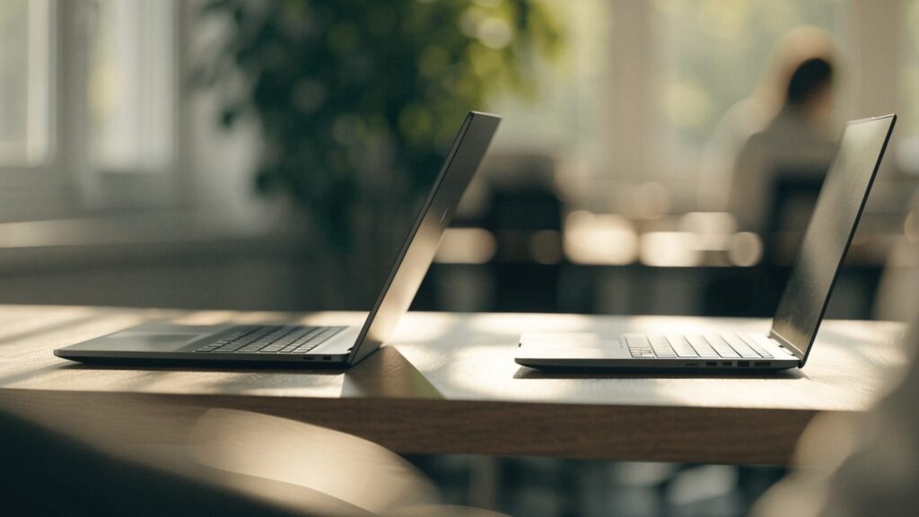 Two laptops side by side on an office desk as if being compared