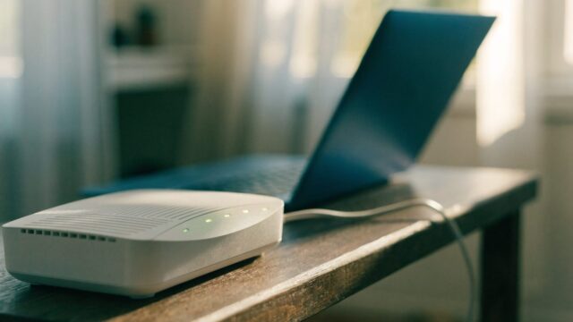 A home wifi router with softly glowing indicator lights on a shelf