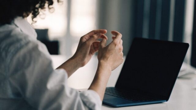 A person seen from behind with hands raised at a dark blue laptop with a dark blank screen on a white desk
