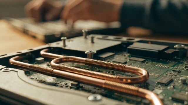 Close-up of a laptop motherboard with copper heat pipes during a repair