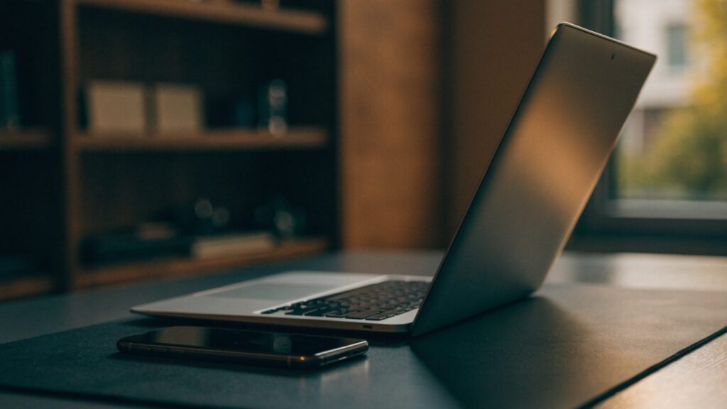 A smartphone lying beside a silver laptop on a dark desk mat
