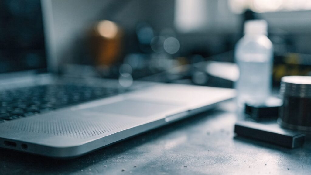 Close-up of the speaker grille edge of a silver laptop on a workbench