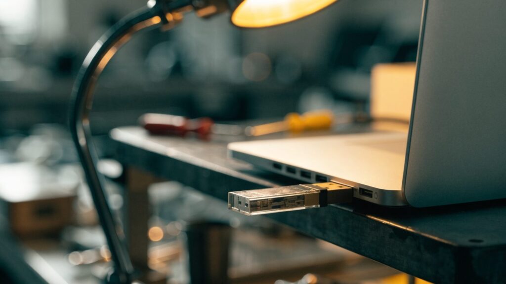 A USB flash drive plugged into the side port of a silver laptop on a workbench