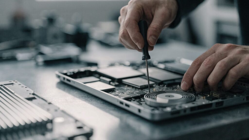 A technician's hands holding a small screwdriver over an opened silver laptop with internal components visible