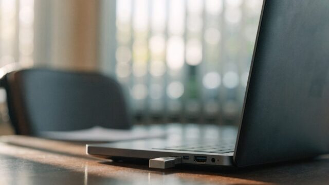 A USB flash drive plugged into the side port of a graphite black laptop on an office desk