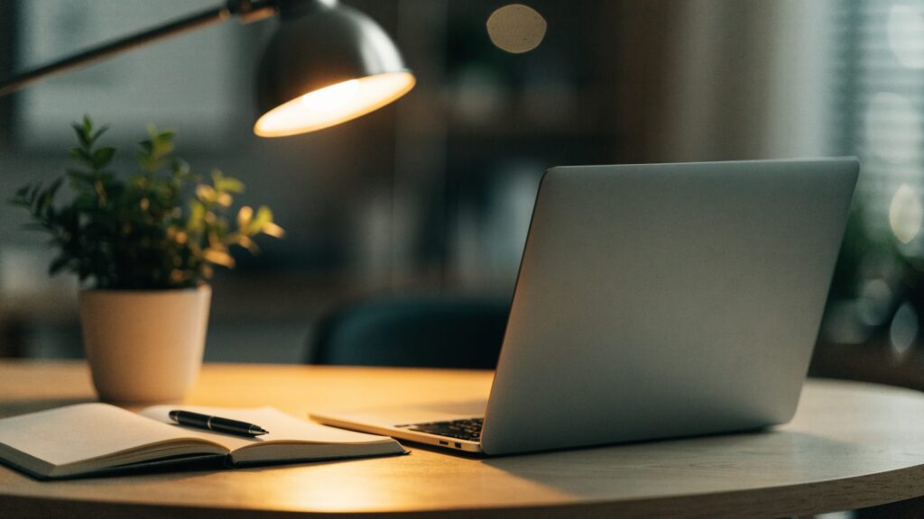 A tidy home office desk with a matte grey laptop