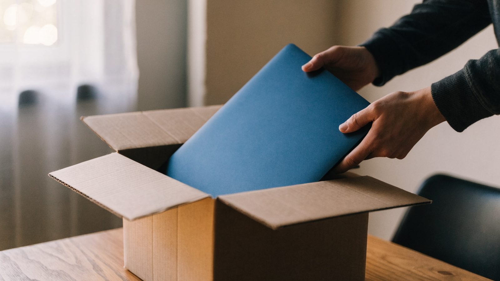 Hands lifting a brand-new dark blue laptop out of its plain cardboard box on a wooden desk