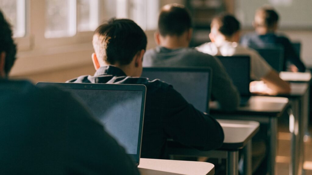 Students seen from behind working on laptops in a bright classroom
