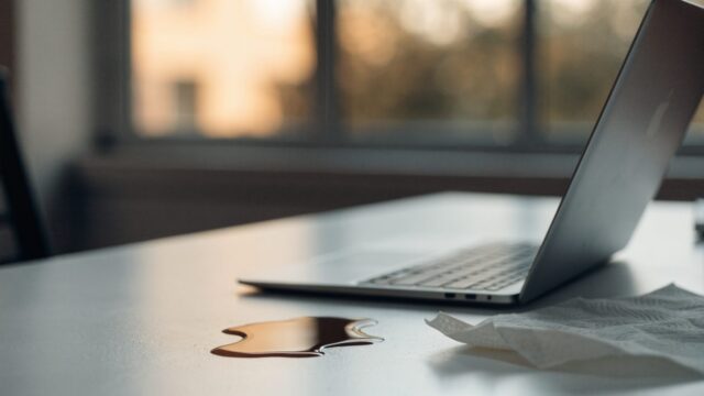 A small puddle of spilled coffee next to a silver laptop on a white desk