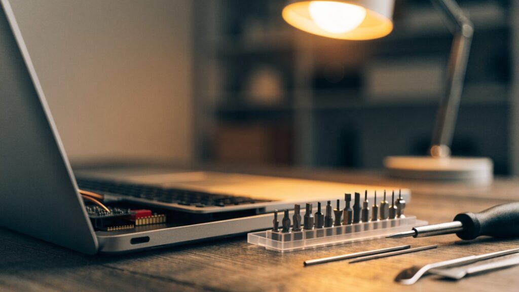 A precision screwdriver kit laid out beside a partially opened silver laptop on a wooden desk