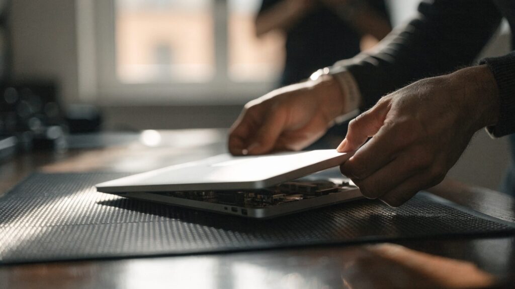 A technician lifting the bottom cover off a silver laptop on an anti-static mat