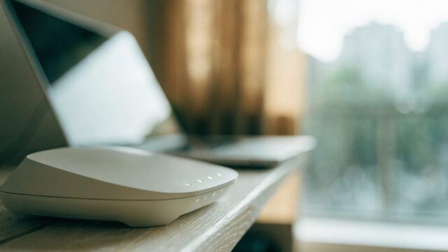A home wifi router with softly glowing indicator lights on a shelf