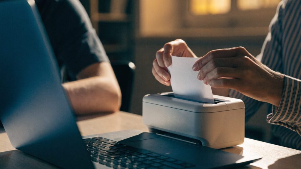 Hands loading blank paper into a small home printer