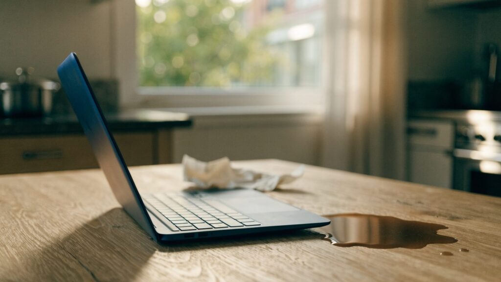 A small puddle of spilled coffee next to a dark blue laptop on a kitchen table