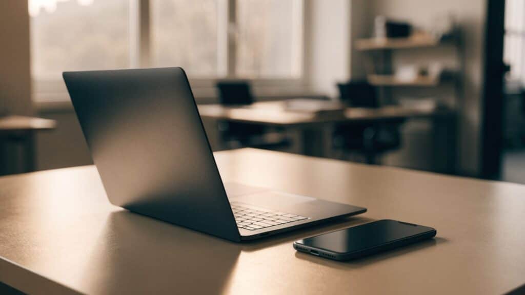 A smartphone lying beside a graphite black laptop on an office desk