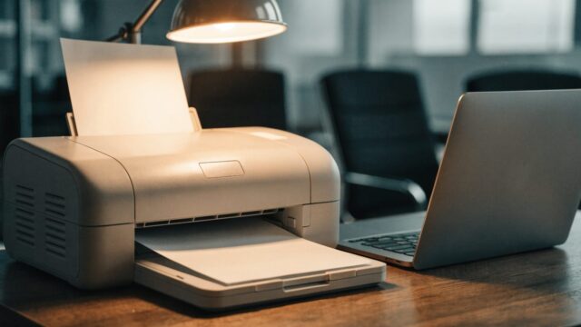 A compact home inkjet printer beside a matte grey laptop on an office desk