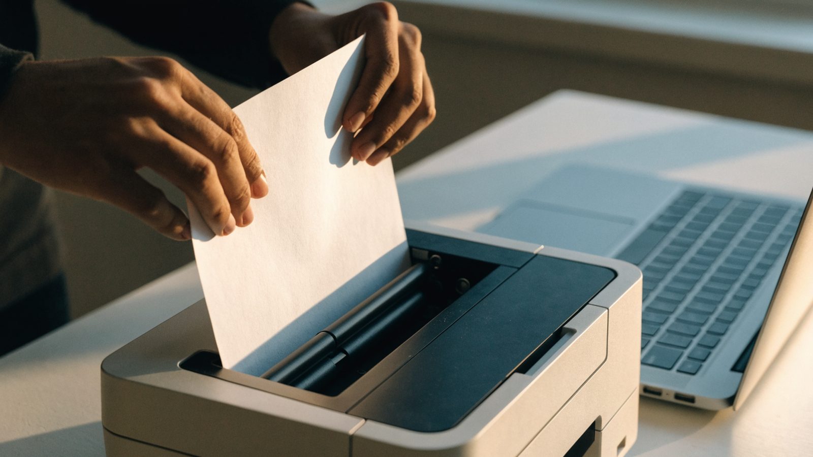 Hands loading blank paper into a small home printer
