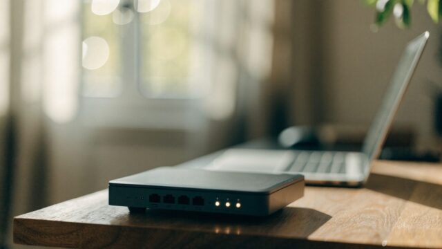 A home wifi router with softly glowing indicator lights on a shelf