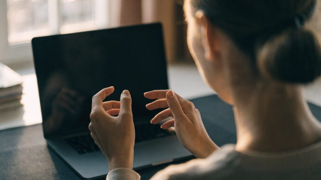 A person seen from behind with hands raised at a graphite black laptop with a dark blank screen on a dark desk