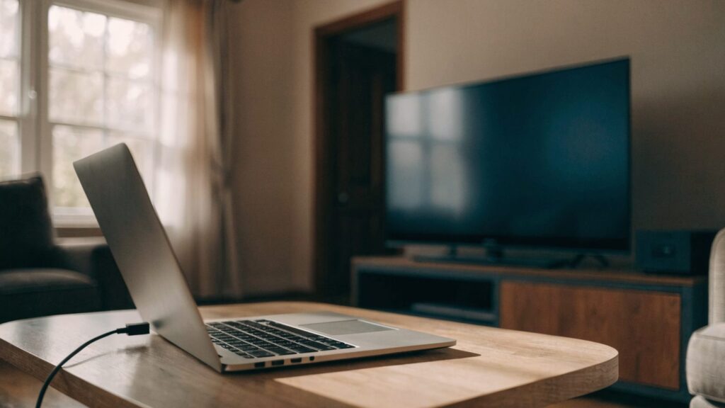 A living-room TV with a dark screen and a silver laptop on the coffee table connected by an HDMI cable