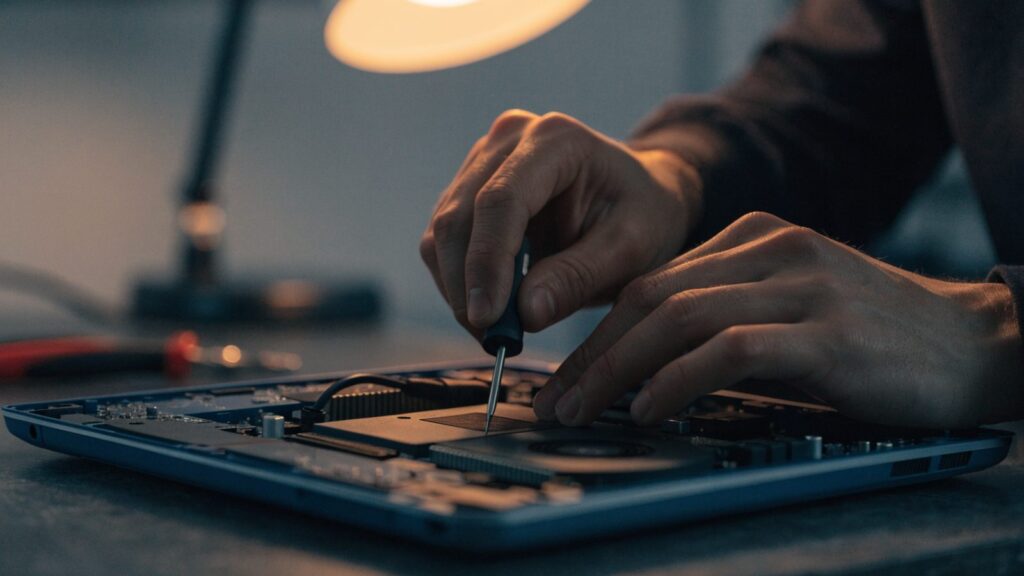 A technician's hands holding a small screwdriver over an opened dark blue laptop with internal components visi