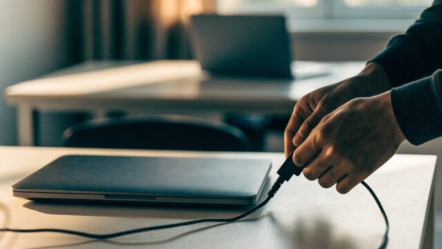 Hands unplugging a charging cable from a slim graphite black laptop on an office desk