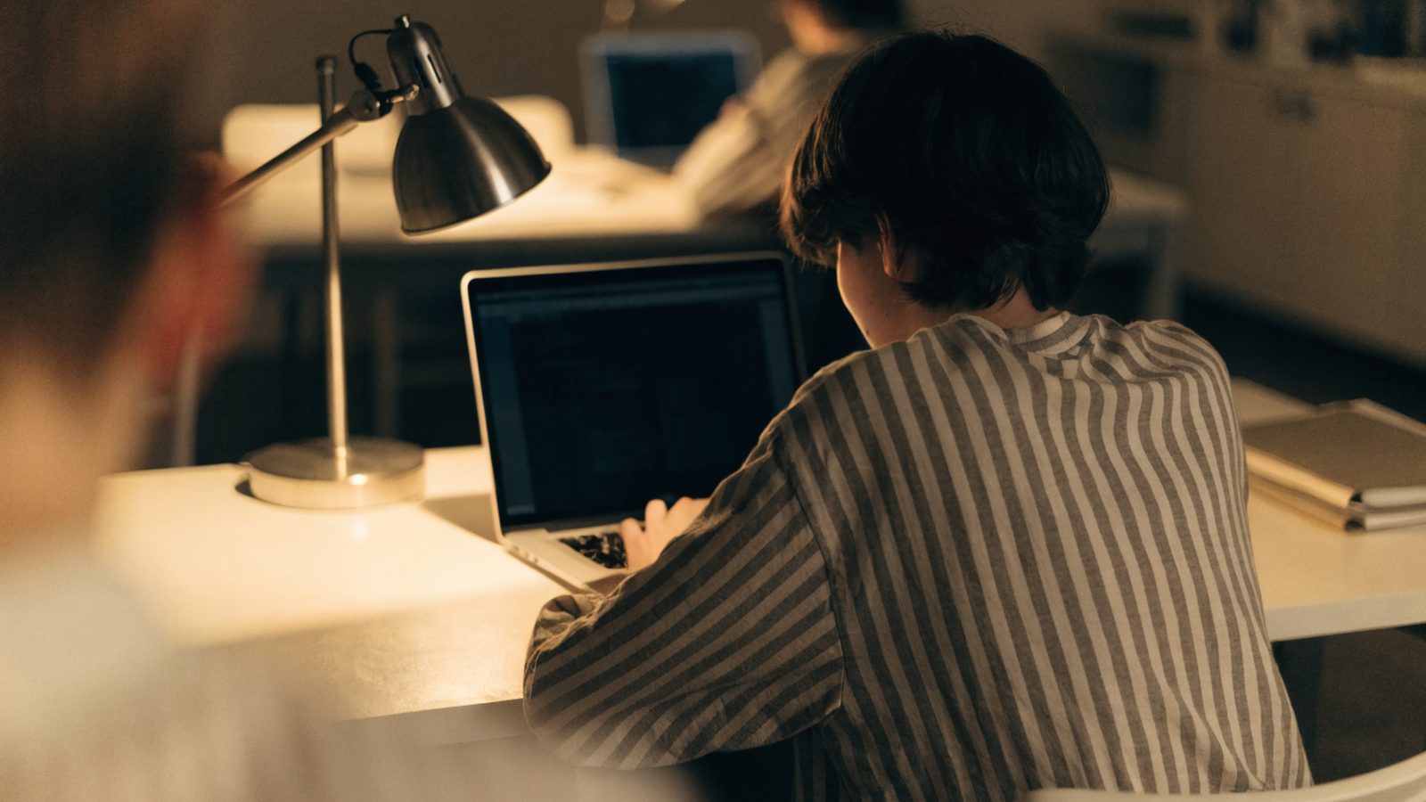 A teenager seen from behind doing homework on a silver laptop at a desk