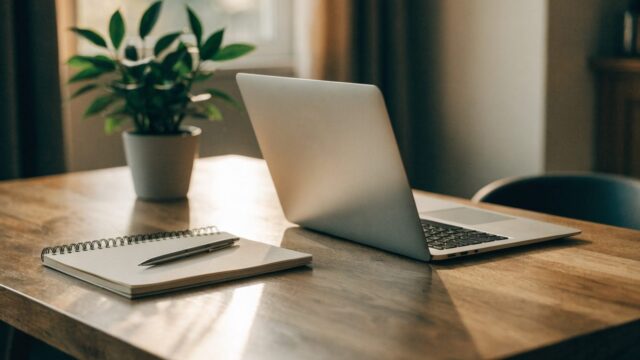 A tidy home office desk with a silver laptop