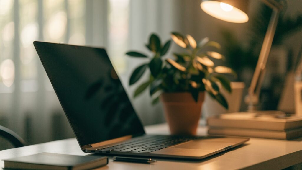 A tidy home office desk with a graphite black laptop