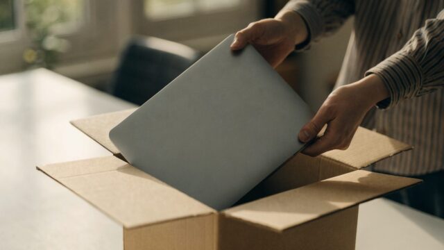 Hands lifting a brand-new matte grey laptop out of its plain cardboard box on a white desk